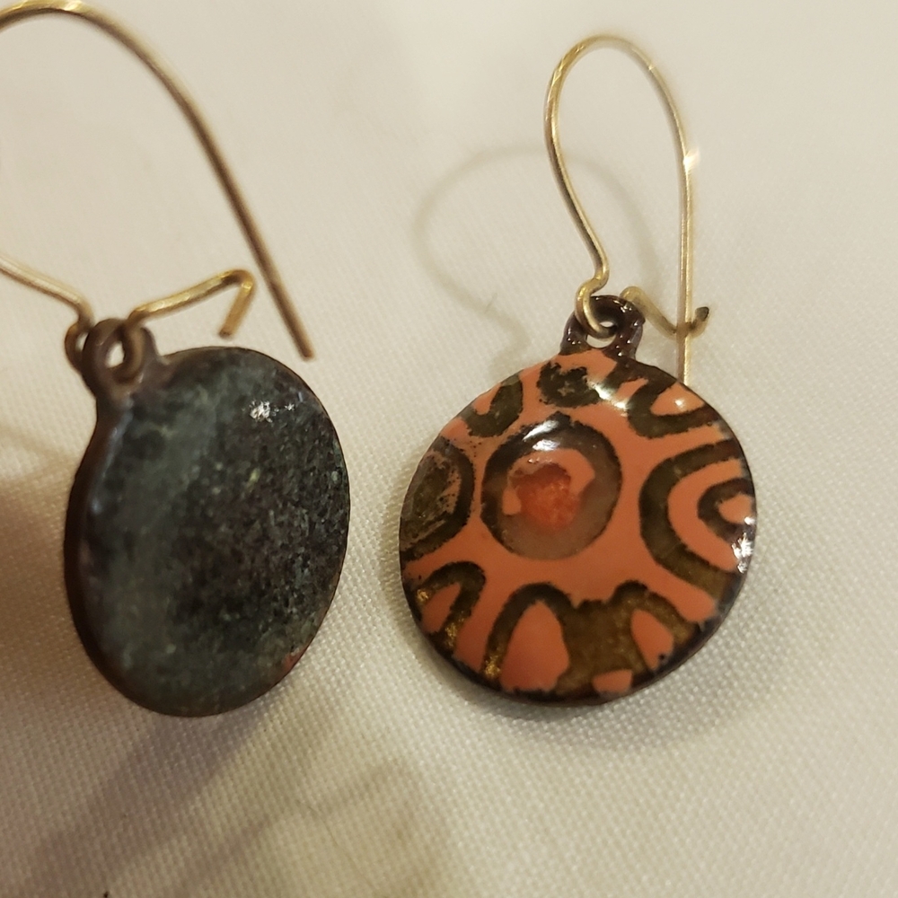 Elegant Gold, Orange and Black Glossy Painted Patterned Dangle Earrings